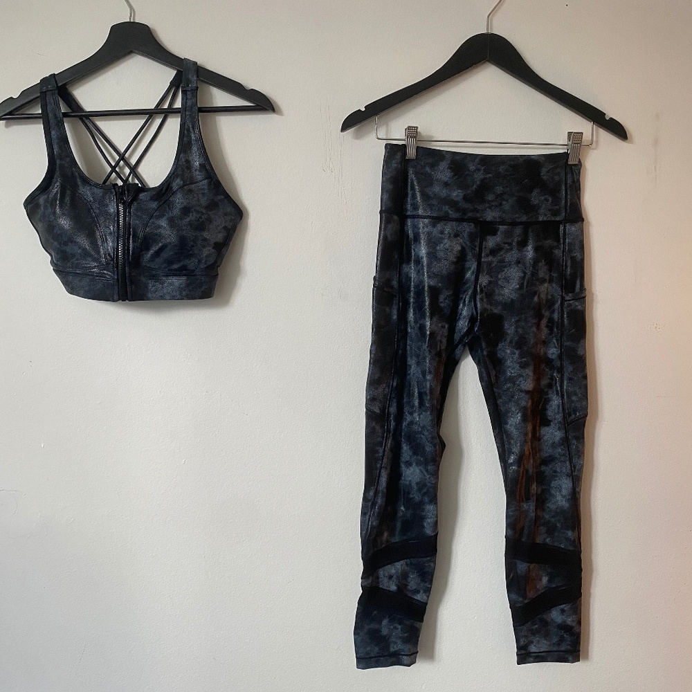 ZYIA Gray Stonewashed Front Zipper Strappy Bra & Legging / never worn (no tags